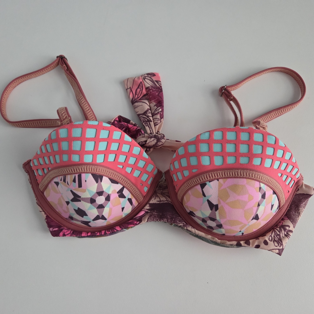 Maaji Bikini Bandeau Swim Top Coral Pink Seafoam Blue Pattern